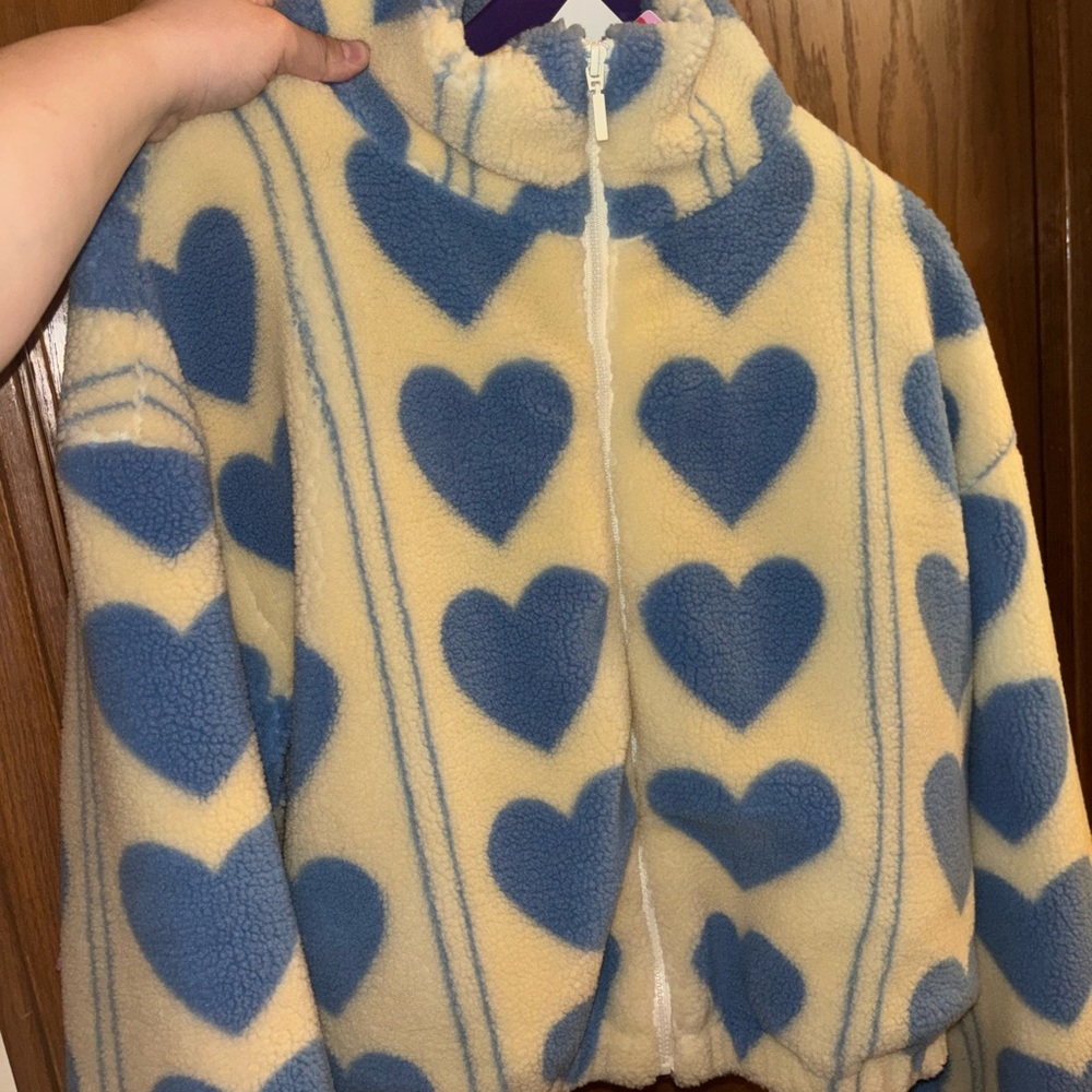 Cider Cream & Blue Heart Fleece Jacket - Zip Front